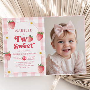 Two Sweet Girl Strawberry 2nd Birthday Party Photo Invitation