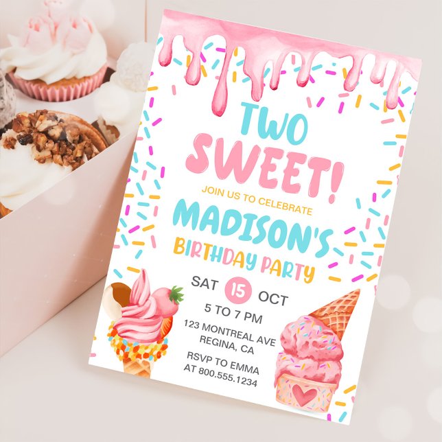 Two Sweet Girls Ice Cream 2nd Birthday  Invitation (Creator Uploaded)