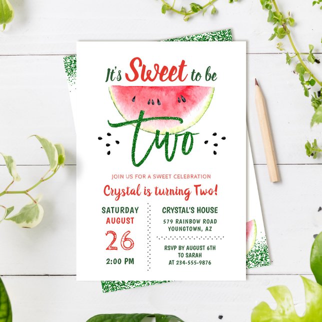Two Sweet Glitter Watermelon Second Birthday Invitation (Creator Uploaded)