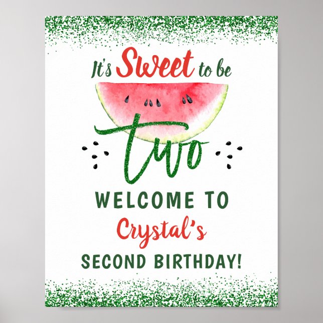 Two Sweet Glitter Watermelon Second Birthday Party Poster (Front)