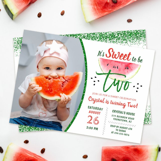Two Sweet Glitter Watermelon Second Birthday Photo Invitation (Creator Uploaded)