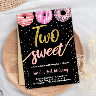Two Sweet Gold Black Doughnut Birthday Invitations