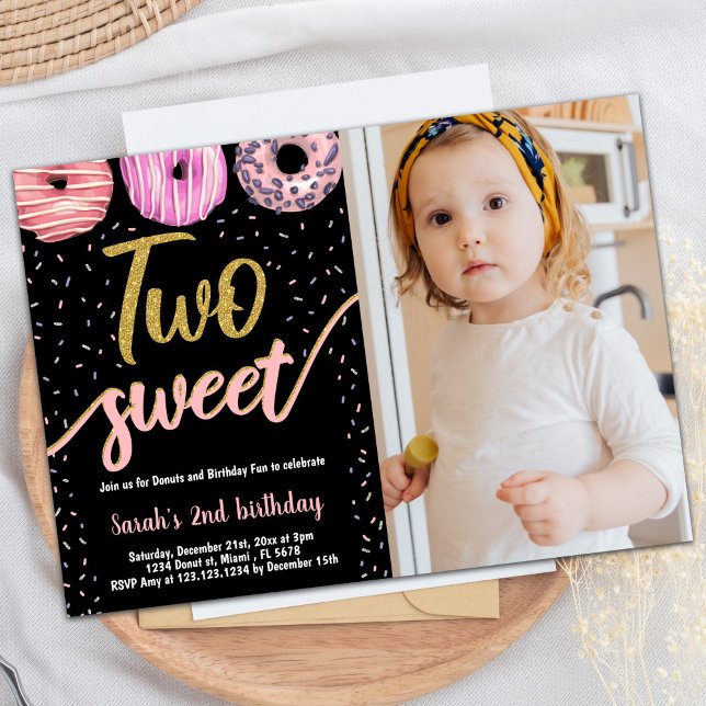 Two Sweet Gold Black Photo Doughnut Birthday Invitation (Two Sweet Gold Black Photo Donut Birthday Invitation)