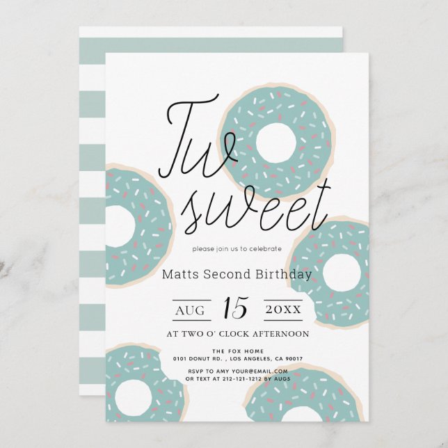 Two Sweet Green Doughnut Boy 2nd Birthday Invitation (Front/Back)