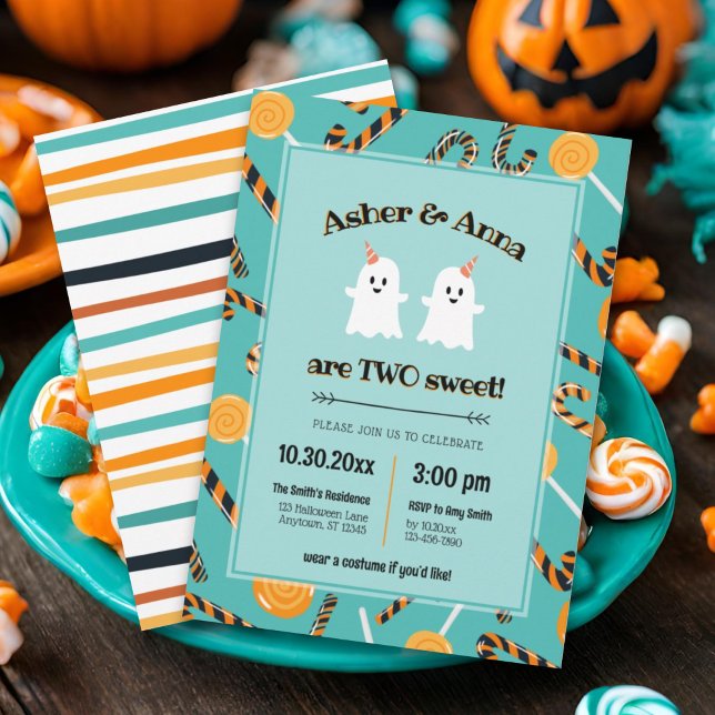 Two Sweet Halloween Candy Ghost Twin 2nd Birthday Invitation (Creator Uploaded)
