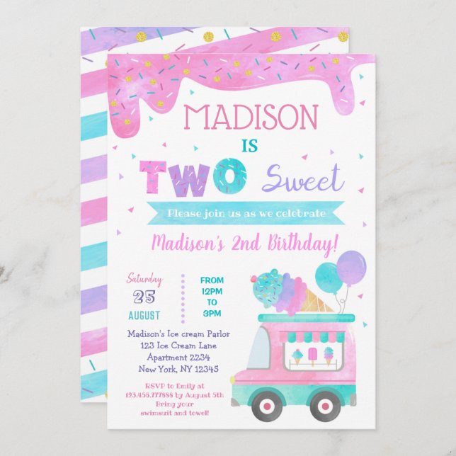 Two Sweet Ice Cream 2nd Birthday Invitations (Front/Back)
