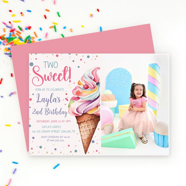 Two Sweet Ice Cream 2nd Birthday Photo Invitation (Creator Uploaded)