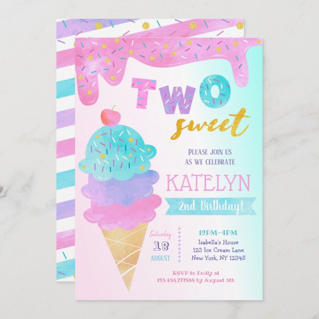Two Sweet Ice Cream Birthday Party Invitation (Front/Back)