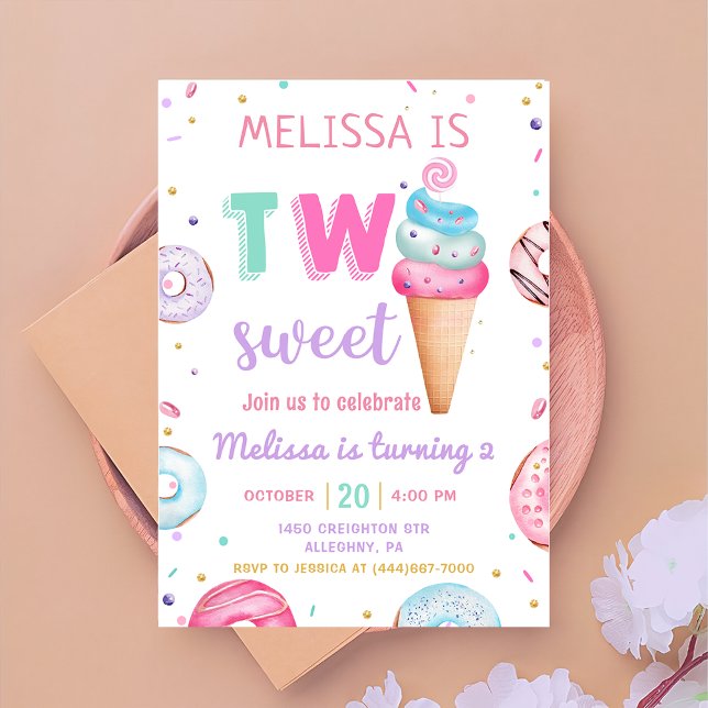 Two Sweet Ice Cream Doughnut 2nd Birthday Invitation (Creator Uploaded)