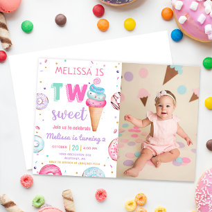 Two Sweet Ice Cream Doughnut 2nd Birthday Photo Invitation