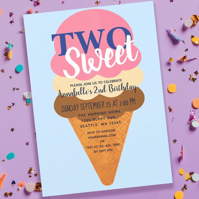 Two Sweet Ice Cream Kids Second Birthday Invitation (Creator Uploaded)