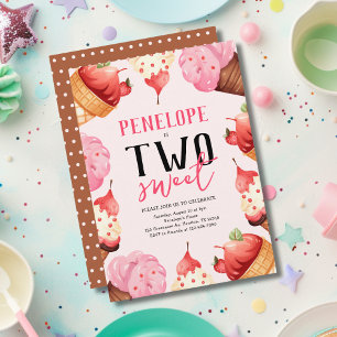 Two Sweet Ice Cream Pink 2nd Birthday Party Invitation
