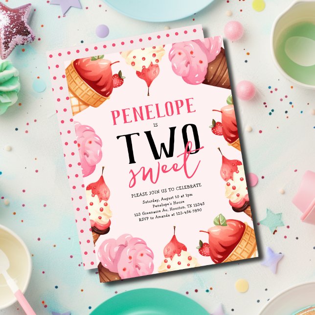 Two Sweet Ice Cream Pink 2nd Birthday Party Invitation (Creator Uploaded)