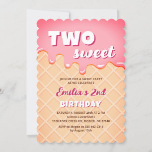 Two Sweet Ice Cream Summer Girl 2nd Birthday Party Invitation