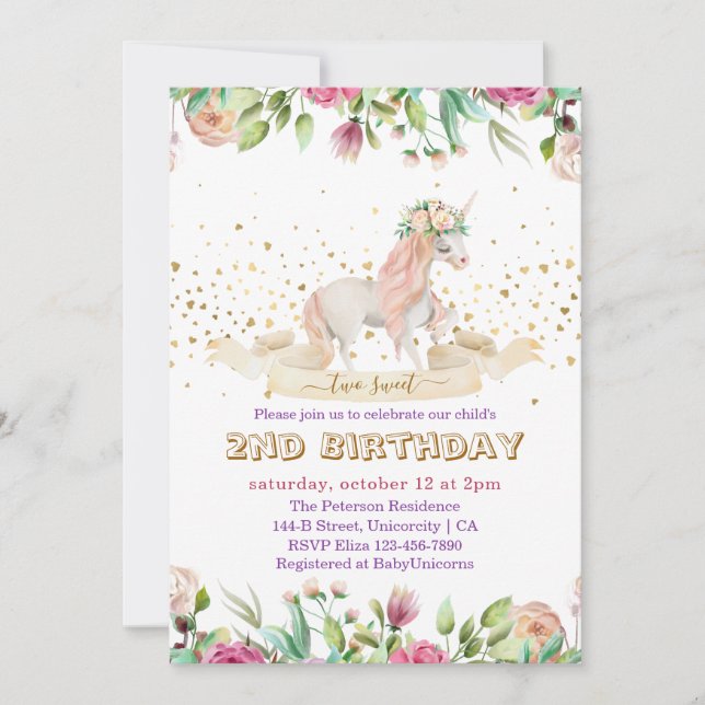 Two Sweet Magical Unicorn Baby Girl 2nd Birthday Invitation (Front)