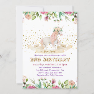 Two Sweet Magical Unicorn Baby Girl 2nd Birthday Invitation