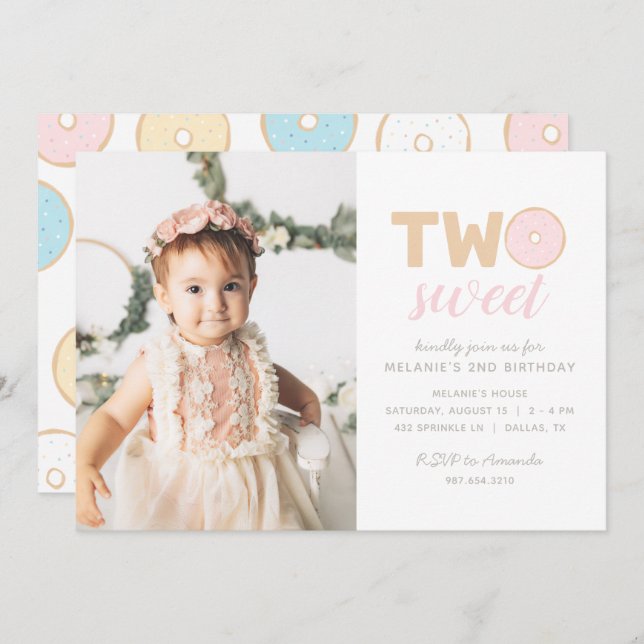 Two Sweet Pastel Doughnut Birthday Party Photo Invitation (Front/Back)