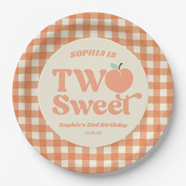 Two Sweet Peach Fruit Second 2nd Birthday Party Paper Plate (Front)