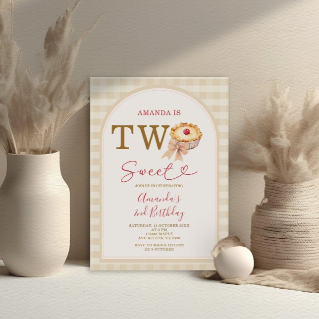 Two Sweet Pie Pastel Orange Gingham 2nd Birthday Invitation (Creator Uploaded)