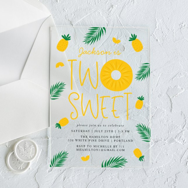 Two Sweet Pineapple 2nd Birthday Party Acrylic Invitations (Creator Uploaded)