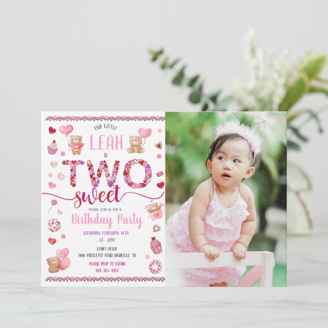 Two Sweet Pink 2nd Birthday Valentine's Photo Invitation (Standing Front)