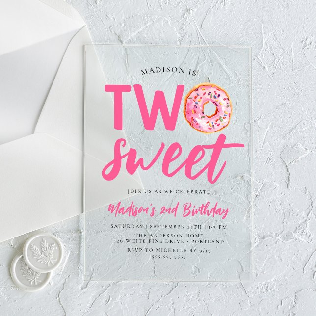 Two Sweet Pink Doughnut 2nd Birthday Acrylic Invitations (Creator Uploaded)