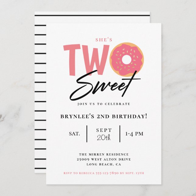 Two Sweet Pink Doughnut 2nd Birthday Party Invitation (Front/Back)
