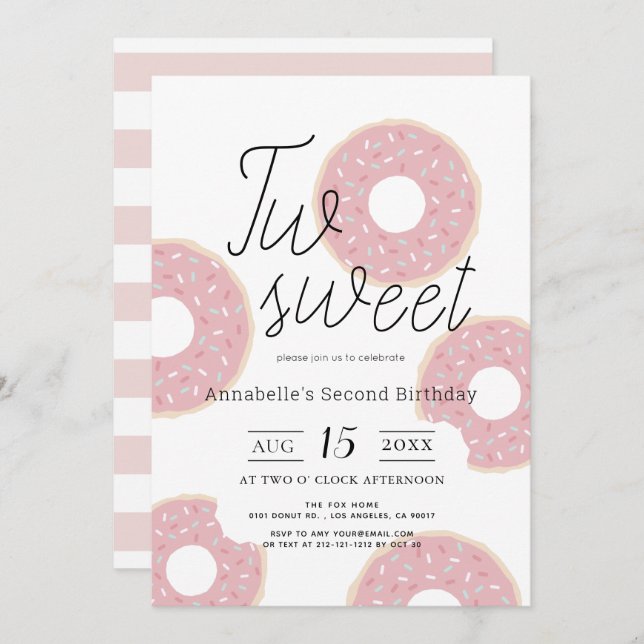 Two Sweet Pink Doughnut Girl 2nd Birthday Invitation (Front/Back)