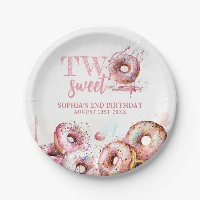 Two Sweet Pink Doughnut Girl 2nd Birthday Paper Plate (Front)