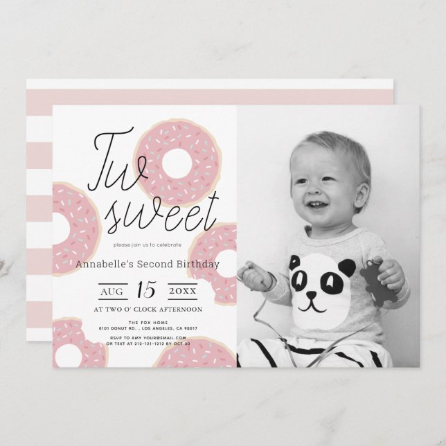 Two Sweet Pink Doughnut Girl Photo 2nd Birthday Invitation (Front/Back)