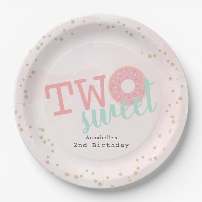Two Sweet Pink Doughnut Girl's 2nd Birthday Paper Plate (Front)