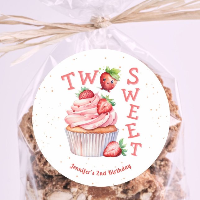 TWO Sweet! Pink Girl Strawberry 2nd Birthday Classic Round Sticker (Creator Uploaded)