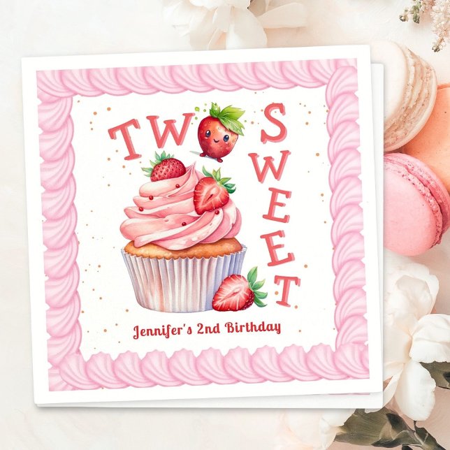 TWO Sweet! Pink Girl Strawberry 2nd Birthday Napkin (Creator Uploaded)