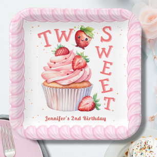 TWO Sweet! Pink Girl Strawberry 2nd Birthday Paper Plate