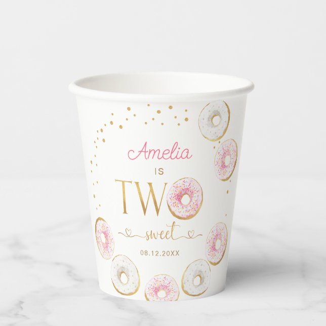 Two Sweet Pink Gold Doughnuts Birthday Paper Cups (Front)