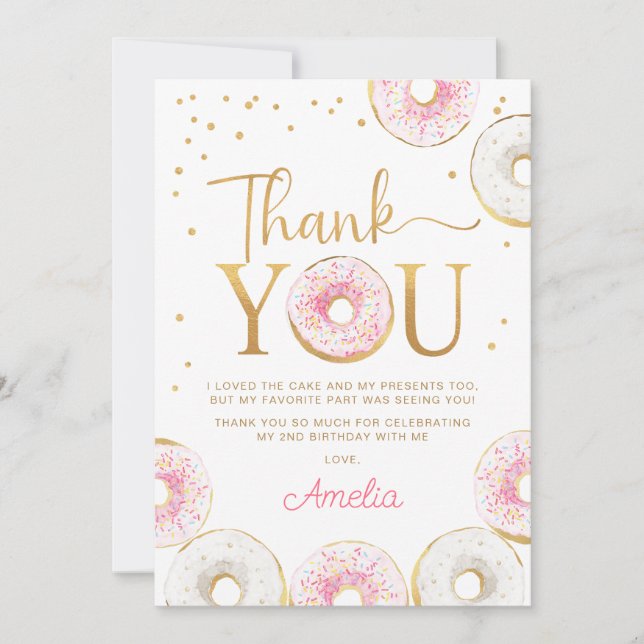 Two Sweet Pink Gold Doughnuts Birthday Thank You Card (Front)