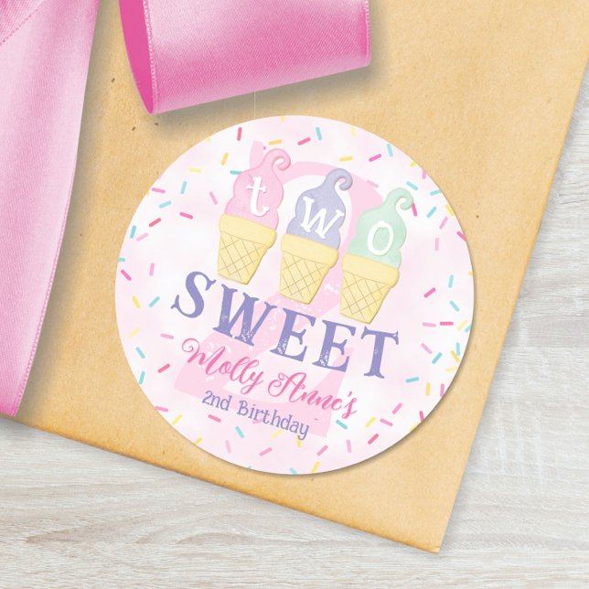 Two Sweet Pink Ice Cream Cones 2nd Birthday Girl Classic Round Sticker (Creator Uploaded)