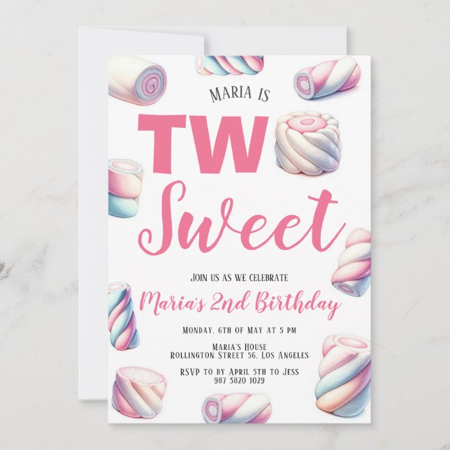 Two Sweet Pink Marshmallow 2nd Birthday Invitation (Front)