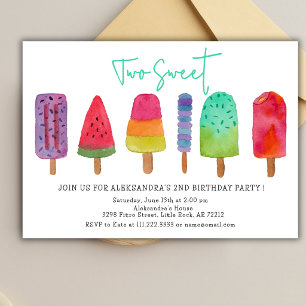Two Sweet Popsicles Ice Creams 2nd Birthday Party Invitation