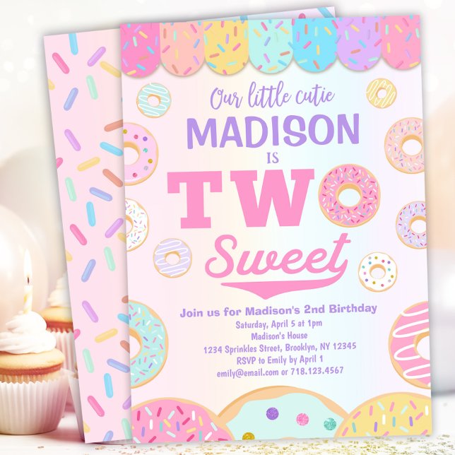 TWO Sweet Rainbow Doughnut 2nd Birthday Invitation (Creator Uploaded)