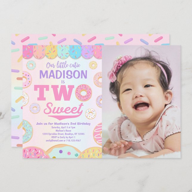 TWO Sweet Rainbow Doughnut 2nd Birthday Photo Invitation (Front/Back)