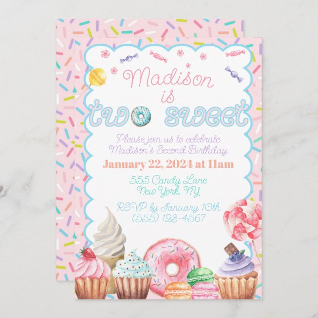 Two Sweet Second Birthday Invitation (Front/Back)