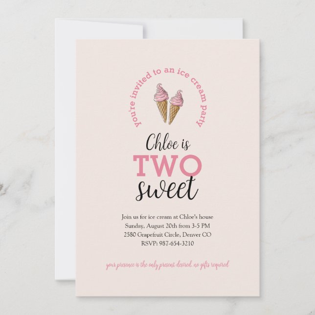 Two Sweet Second Birthday Party Invitation (Front)
