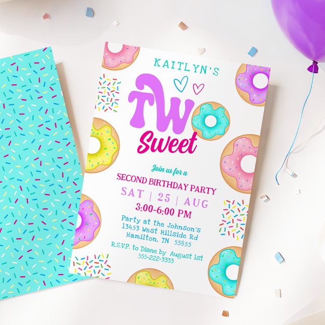 Two Sweet Sprinkle Doughnut Second Birthday Party Invitation (Two Sweet Sprinkle Doughnut Second Birthday Party Invitation)