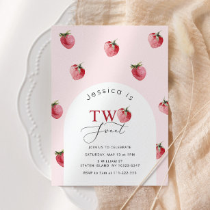 Two sweet strawberry 2nd birthday invitation