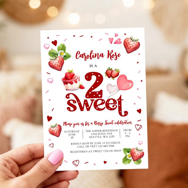 Two Sweet Strawberry 2nd Birthday Invitation (Creator Uploaded)