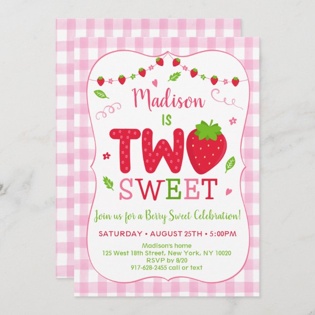 Two Sweet Strawberry Birthday Invitation (Front/Back)