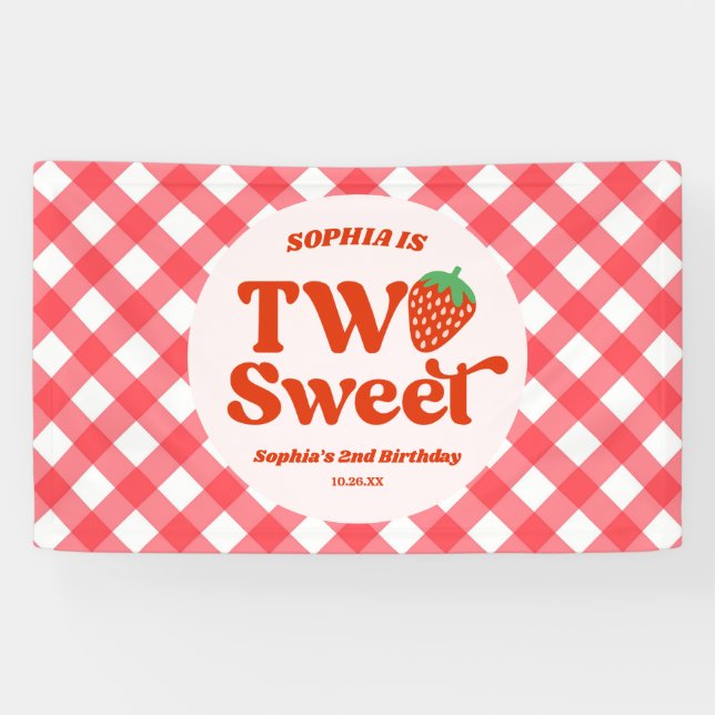Two Sweet Strawberry Fruit 2nd Birthday Party Banner (Horizontal)