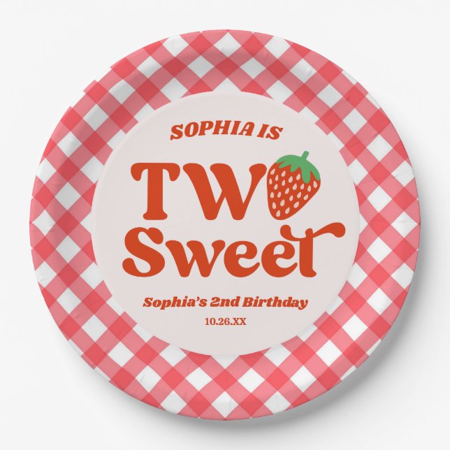 Two Sweet Strawberry Fruit 2nd Birthday Party Paper Plate (Front)