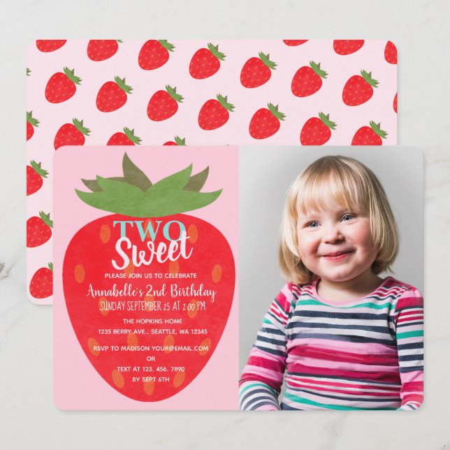 Two Sweet Strawberry Kids Second Birthday Photo Invitation (Front/Back)